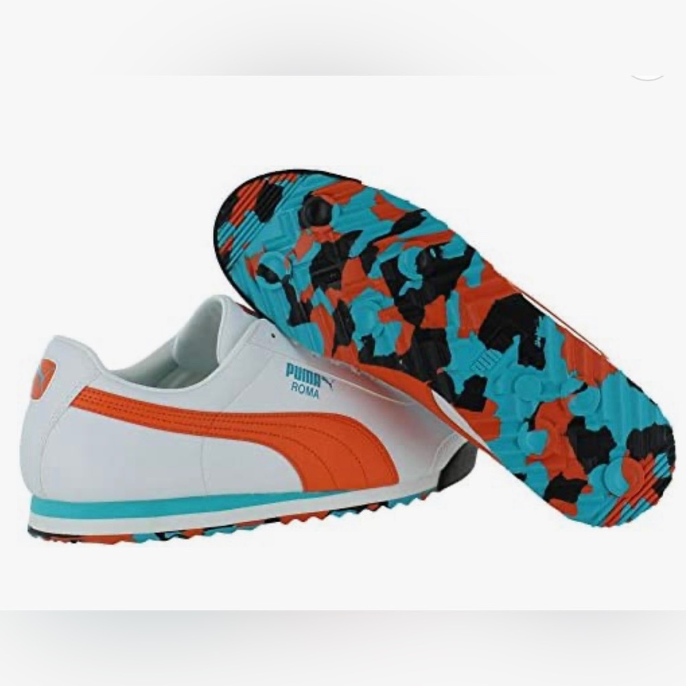 Puma Mens Roma 2 Leather Sneakers White/Orange/Teal 357864-02 Size mens …